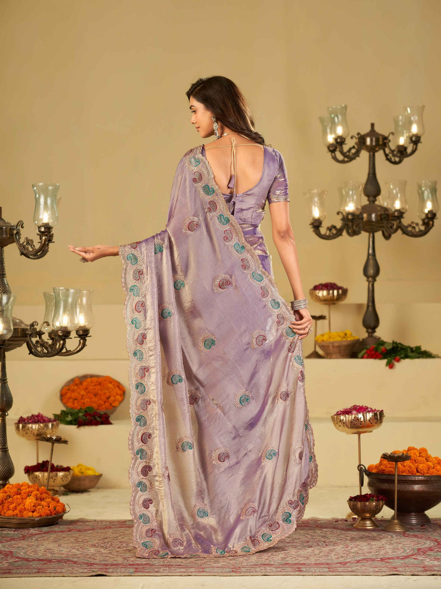 Lavender Designer Fendy Satin Saree with Multicolor Paisley Embroidery & Scalloped Embroidered Border | Festive Party Wear Saree