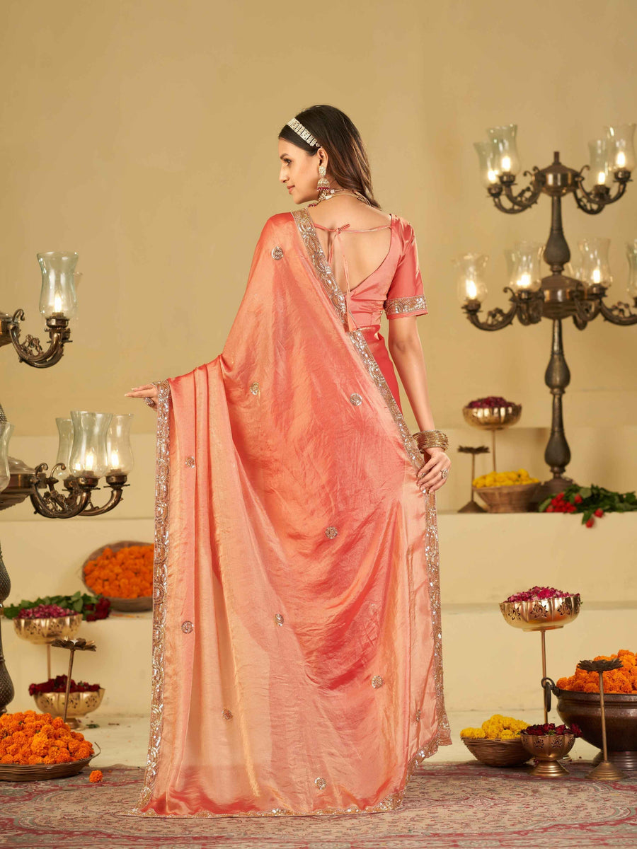 Peach Dual Tone Designer Fendy Satin Saree with Heavy Embroidered Blouse & Sequin Border | Premium Wedding Party Wear Saree