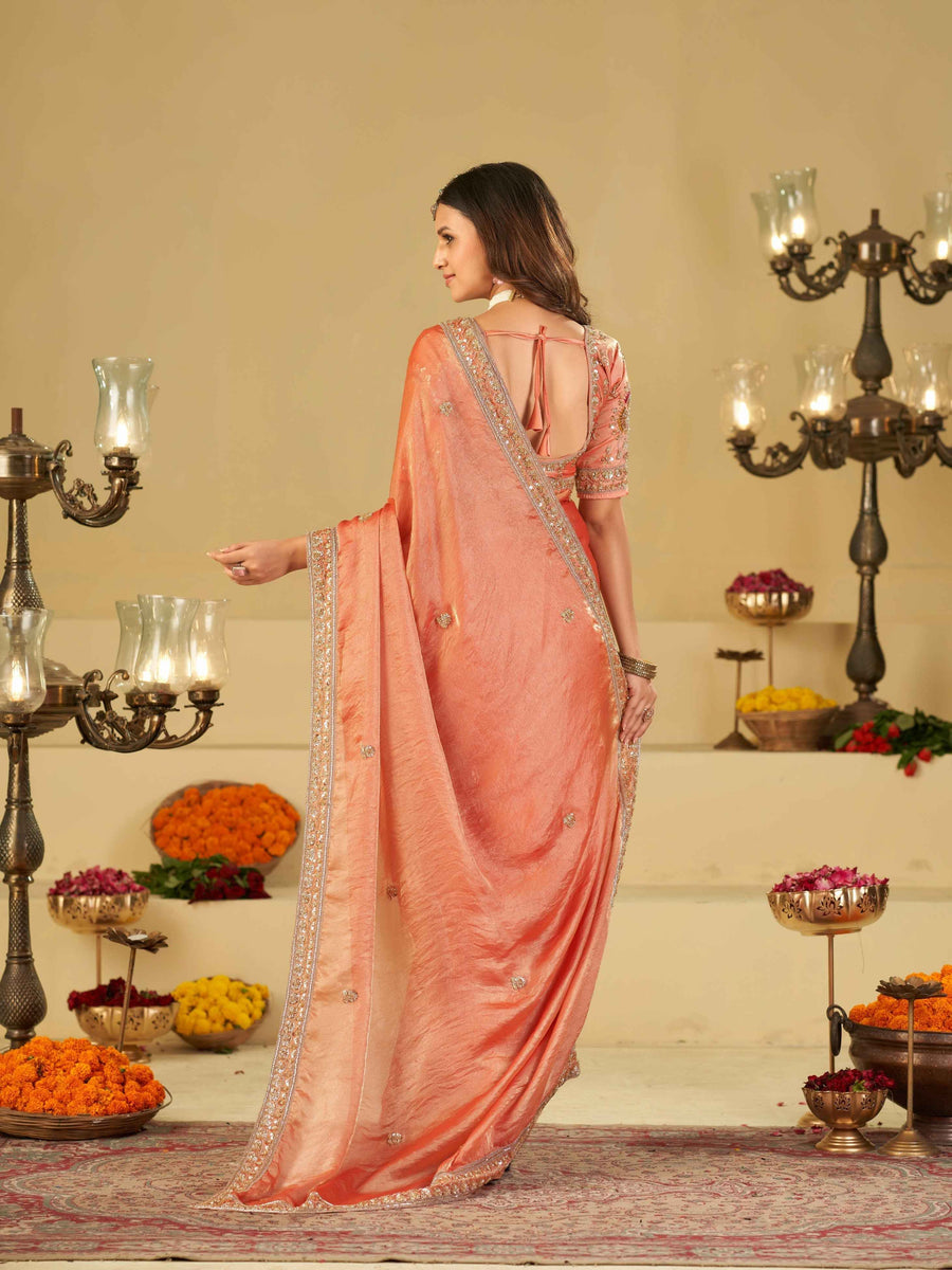 Peach Designer Fendy Satin Saree with Heavy Embroidered Blouse & Stone Work Border | Premium Wedding Party Wear Saree