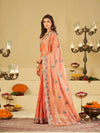 Peach Designer Fendy Satin Saree with Multicolor Paisley Embroidery & Scalloped Embroidered Border | Festive Party Wear Saree