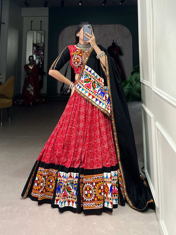 Red LNB Navratri Lehenga with Gamthi and Mirror Work Front View - Shree Roop