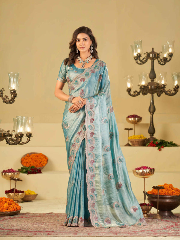 Sky Blue Designer Fendy Satin Saree with Paisley Embroidery & Heavy Embroidered Border | Premium Festive Party Wear Saree
