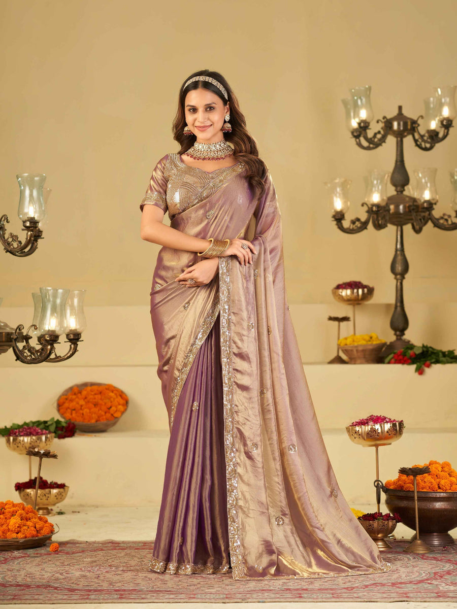 Lavender Dual Tone Designer Fendy Satin Saree with Heavy Embroidered Blouse & Sequin Border | Premium Wedding Party Wear Saree