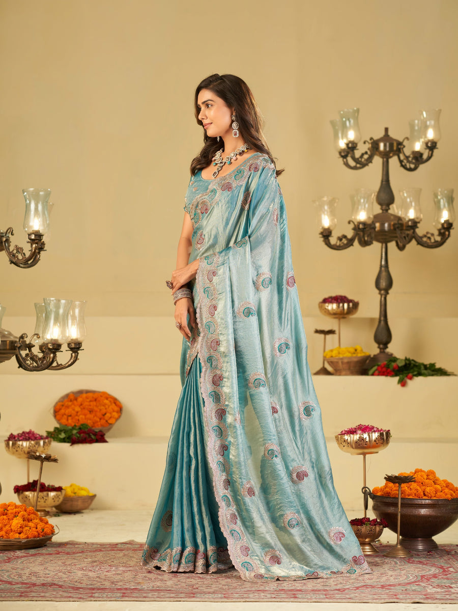Sky Blue Designer Fendy Satin Saree with Paisley Embroidery & Heavy Embroidered Border | Premium Festive Party Wear Saree
