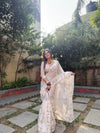Off-White Pure Linen Digital Printed Saree with Striped Design and Unique Black Motif Pallu – Comes with Blouse Piece and Tassels
