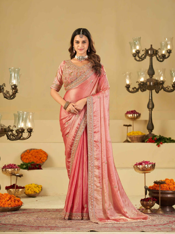 Baby Pink Designer Fendy Satin Saree with Heavy Embroidered Blouse & Zari Border | Premium Wedding Party Wear Saree