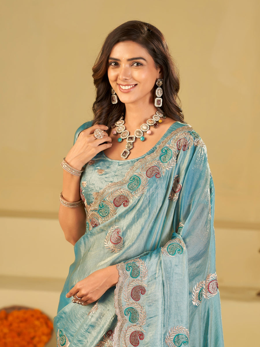 Sky Blue Designer Fendy Satin Saree with Paisley Embroidery & Heavy Embroidered Border | Premium Festive Party Wear Saree