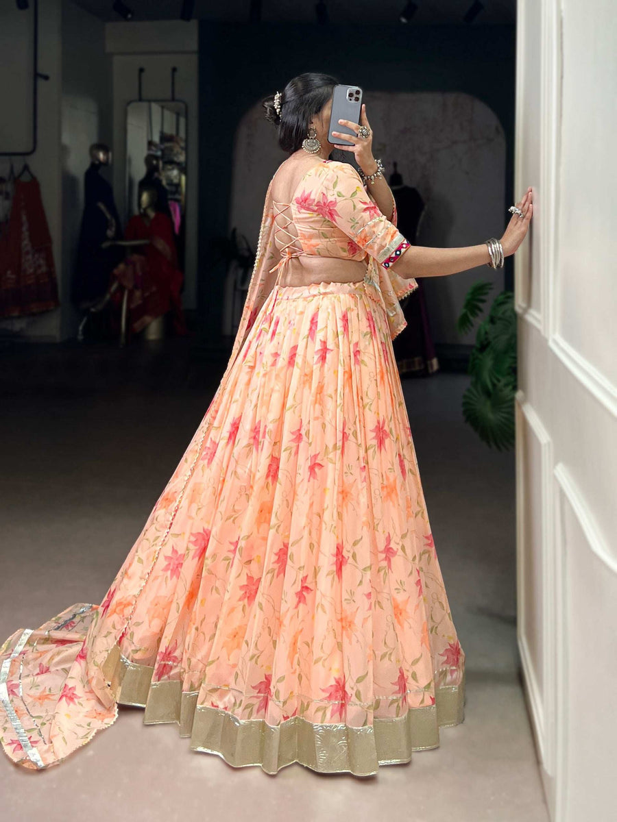 LNB Floral Tabby Silk Lehenga Set with Dupatta and Drawstring Zip Closure in Multicolor - Shree Roop