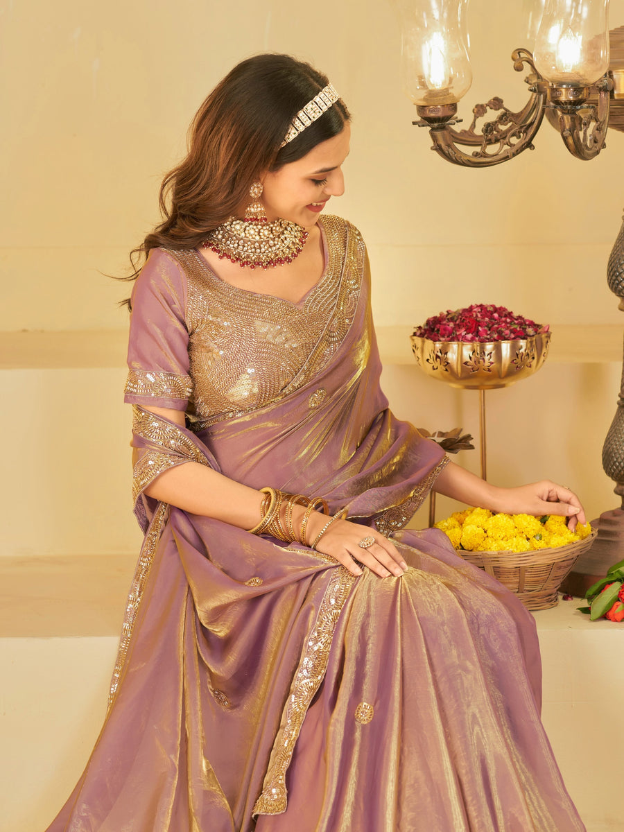 Lavender Dual Tone Designer Fendy Satin Saree with Heavy Embroidered Blouse & Sequin Border | Premium Wedding Party Wear Saree