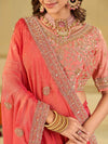 Coral Pink Designer Fendy Satin Saree with Heavy Embroidered Blouse & Sequin Border | Premium Wedding Party Wear Saree