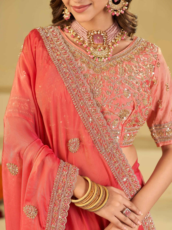 Coral Pink Designer Fendy Satin Saree with Heavy Embroidered Blouse & Sequin Border | Premium Wedding Party Wear Saree