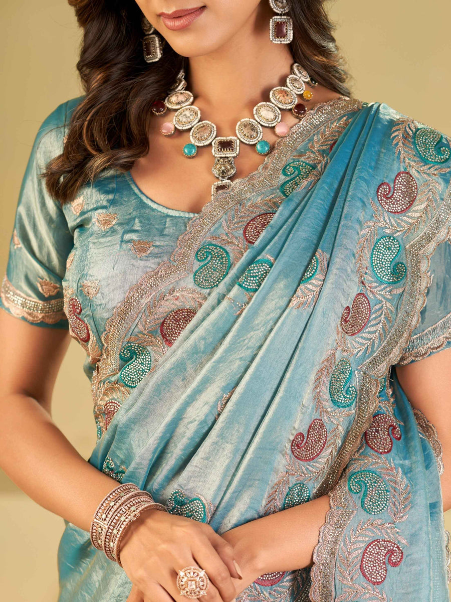 Sky Blue Designer Fendy Satin Saree with Paisley Embroidery & Heavy Embroidered Border | Premium Festive Party Wear Saree