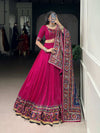 Close-up of Gamthi Print and Gotta Patti Lace on Pink Tasar Silk Lehenga - LNB - Shree Roop