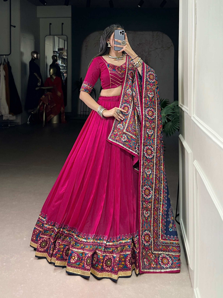 Close-up of Gamthi Print and Gotta Patti Lace on Pink Tasar Silk Lehenga - LNB - Shree Roop