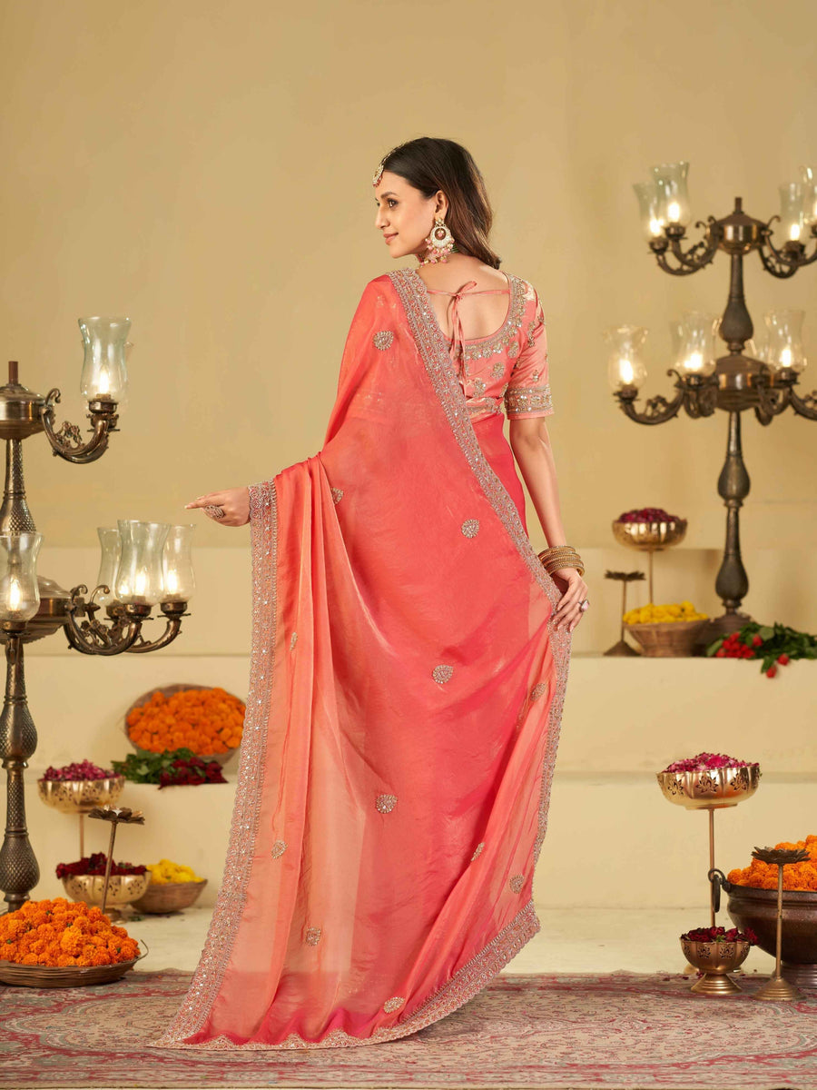 Coral Pink Designer Fendy Satin Saree with Heavy Embroidered Blouse & Sequin Border | Premium Wedding Party Wear Saree