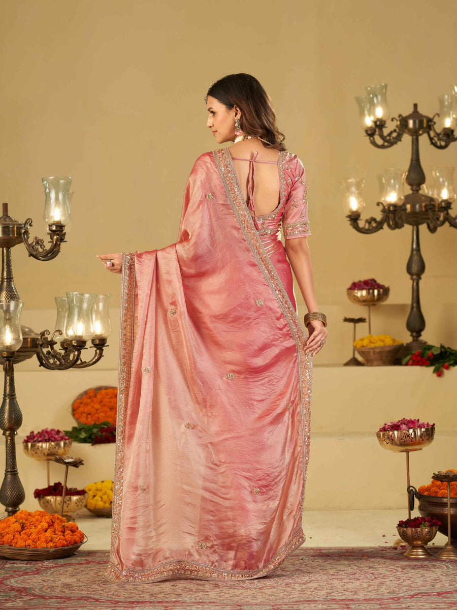 Baby Pink Designer Fendy Satin Saree with Heavy Embroidered Blouse & Zari Border | Premium Wedding Party Wear Saree