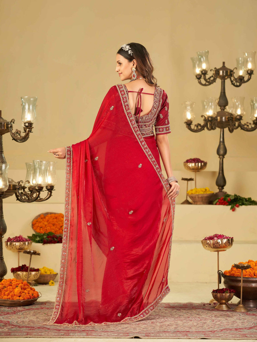 Ruby Red Designer Fendy Satin Saree with Heavy Embroidered Blouse & Zari Border | Premium Wedding & Festive Wear Saree