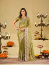 Olive Green Designer Fendy Satin Saree with Multicolor Paisley Embroidery & Scalloped Embroidered Border | Festive Party Wear Saree
