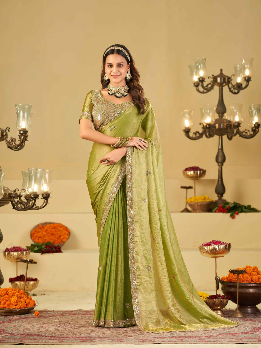 Pista Green Dual Tone Designer Fendy Satin Saree with Heavy Embroidered Blouse & Sequin Border | Premium Wedding Party Wear Saree