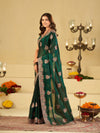 Emerald Green Designer Fendy Satin Saree with Heavy Floral Embroidery Work | Premium Wedding & Party Wear Embroidered Saree with Blouse