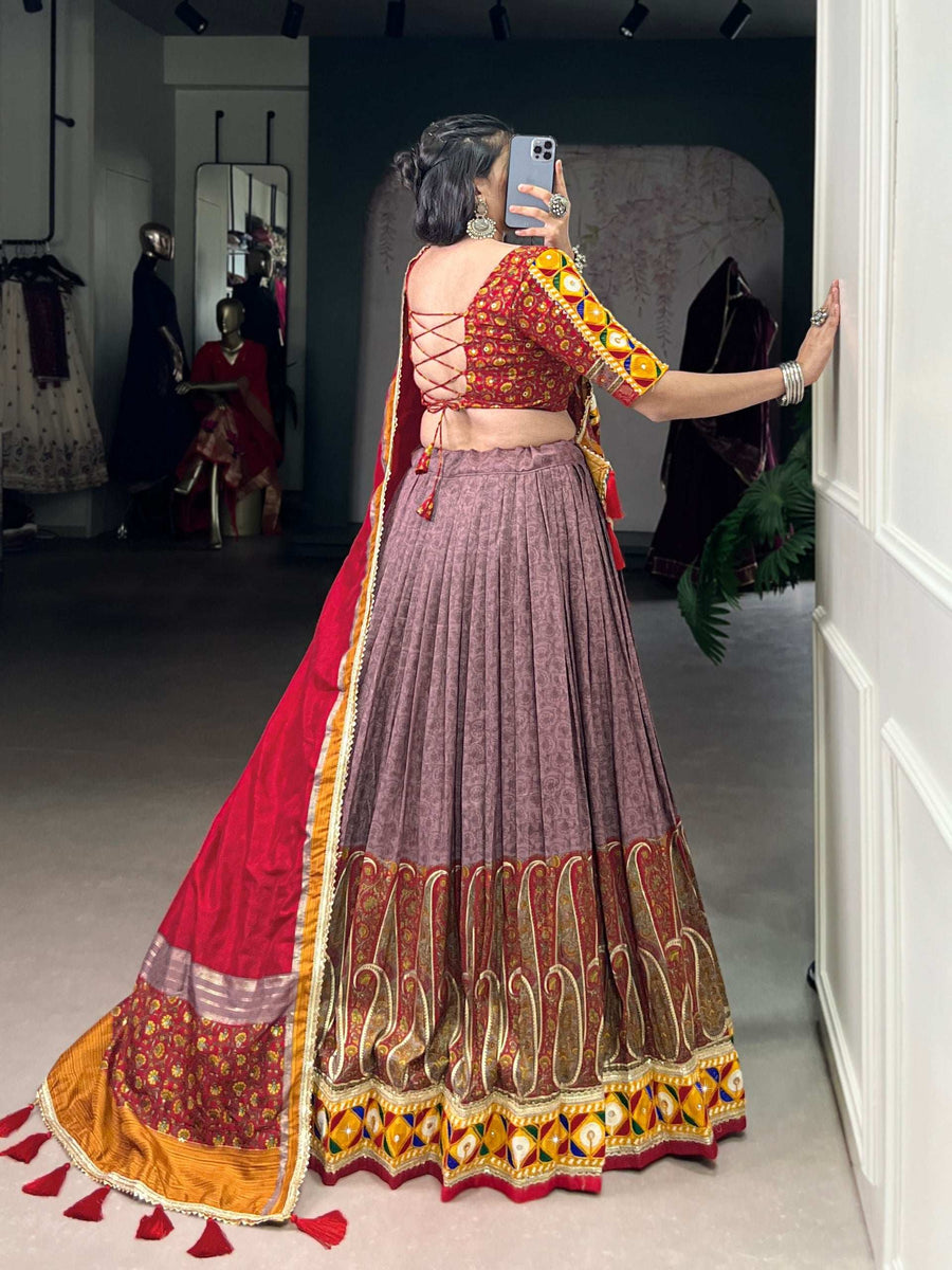 Close-up of LNB Tasar Silk Lehenga Choli Detail with Original Mirror Gamthi Work - Shree Roop