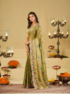 Olive Green Designer Fendy Satin Saree with Multicolor Paisley Embroidery & Scalloped Embroidered Border | Festive Party Wear Saree