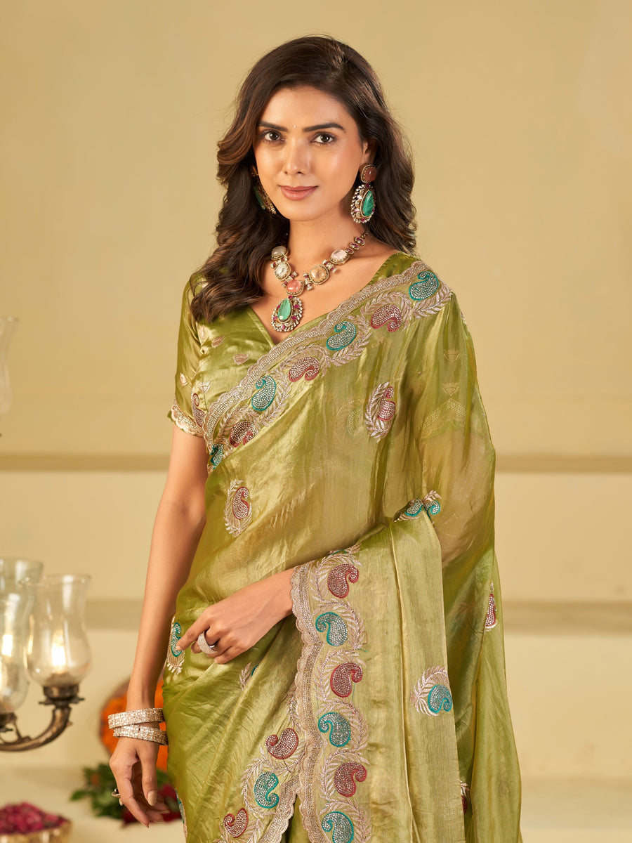 Olive Green Designer Fendy Satin Saree with Multicolor Paisley Embroidery & Scalloped Embroidered Border | Festive Party Wear Saree