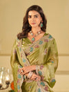 Olive Green Designer Fendy Satin Saree with Multicolor Paisley Embroidery & Scalloped Embroidered Border | Festive Party Wear Saree