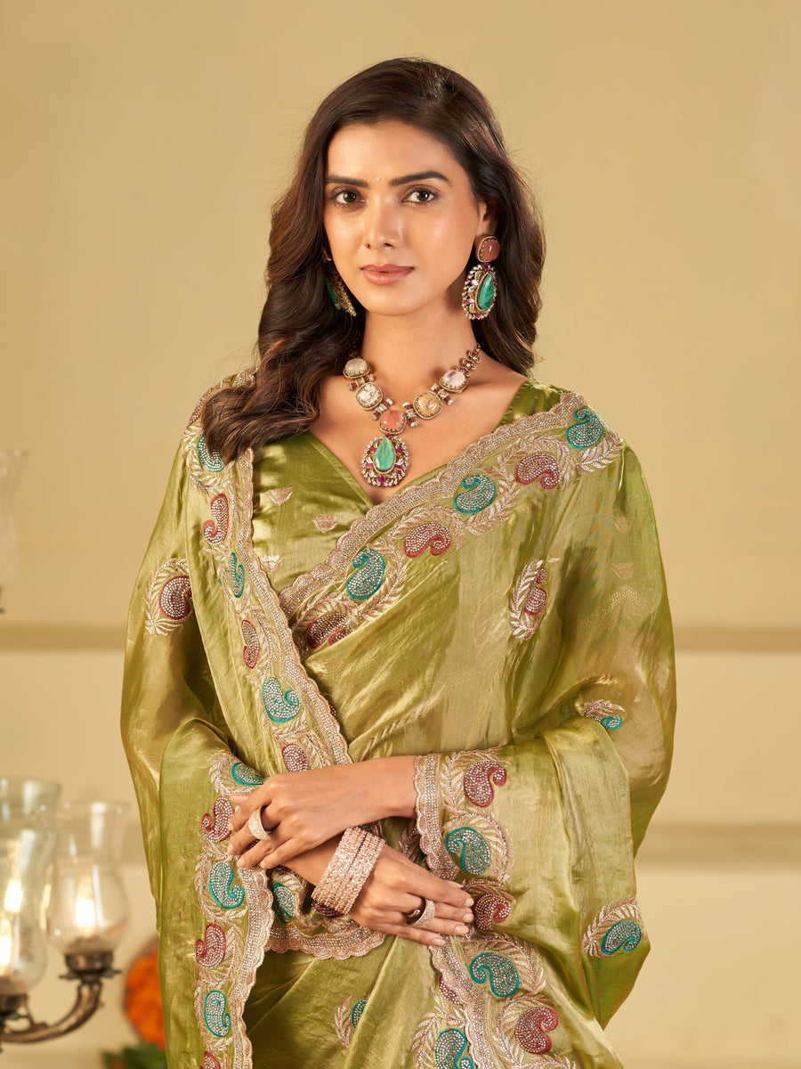 Olive Green Designer Fendy Satin Saree with Multicolor Paisley Embroidery & Scalloped Embroidered Border | Festive Party Wear Saree