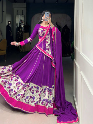 Close-up Detail of Purple Dupatta Featuring Stunning Mirror Work and Vibrant Floral Patterns - Shree Roop