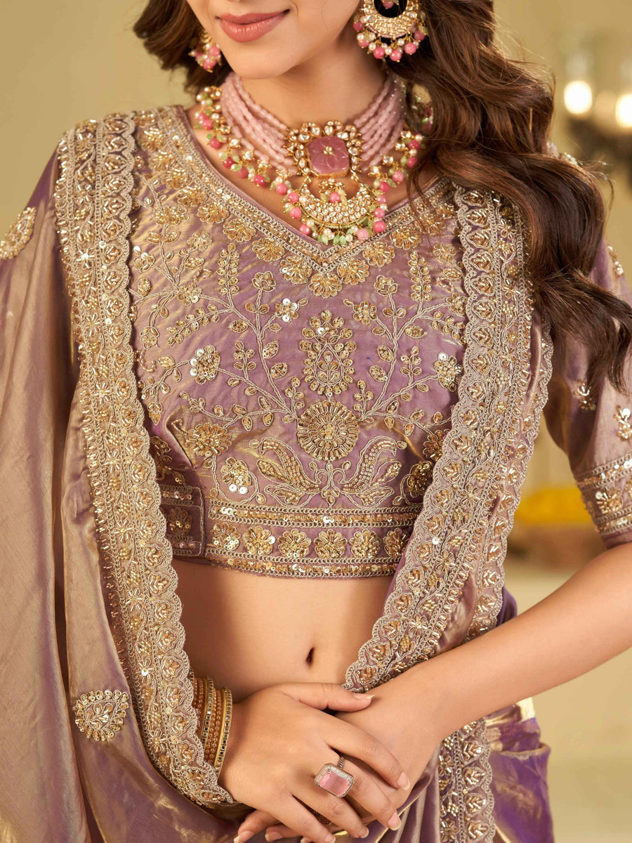 Lavender Purple Designer Fendy Satin Saree with Heavy Embroidered Blouse & Sequin Border | Premium Wedding Party Wear Saree