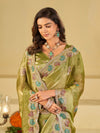 Olive Green Designer Fendy Satin Saree with Multicolor Paisley Embroidery & Scalloped Embroidered Border | Festive Party Wear Saree