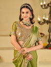 Pista Green Dual Tone Designer Fendy Satin Saree with Heavy Embroidered Blouse & Sequin Border | Premium Wedding Party Wear Saree