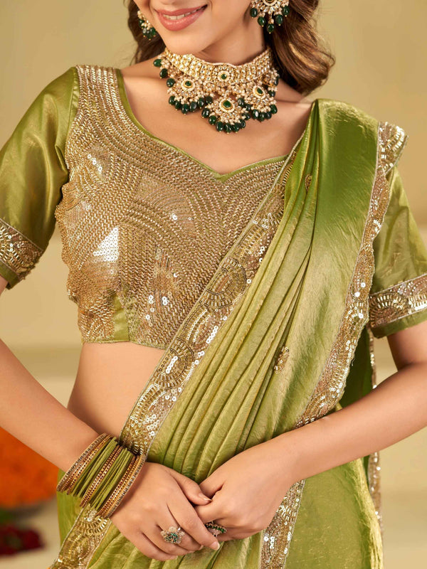 Pista Green Dual Tone Designer Fendy Satin Saree with Heavy Embroidered Blouse & Sequin Border | Premium Wedding Party Wear Saree