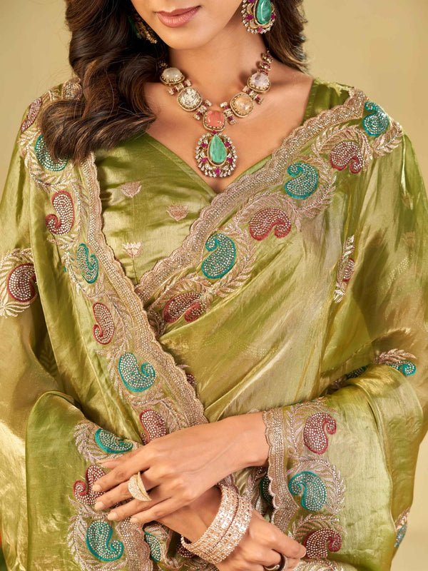Olive Green Designer Fendy Satin Saree with Multicolor Paisley Embroidery & Scalloped Embroidered Border | Festive Party Wear Saree