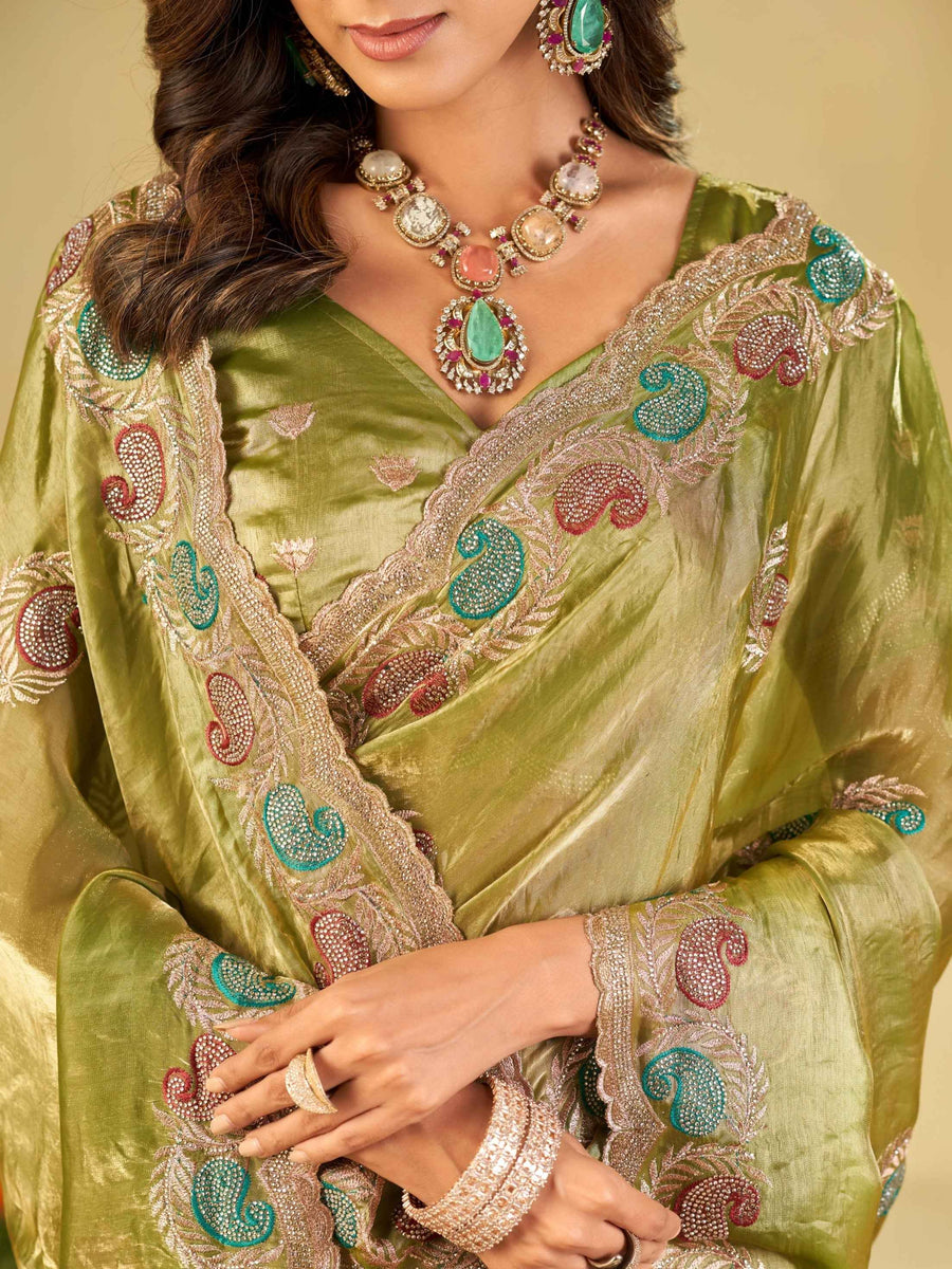Olive Green Designer Fendy Satin Saree with Multicolor Paisley Embroidery & Scalloped Embroidered Border | Festive Party Wear Saree