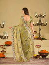 Olive Green Designer Fendy Satin Saree with Multicolor Paisley Embroidery & Scalloped Embroidered Border | Festive Party Wear Saree