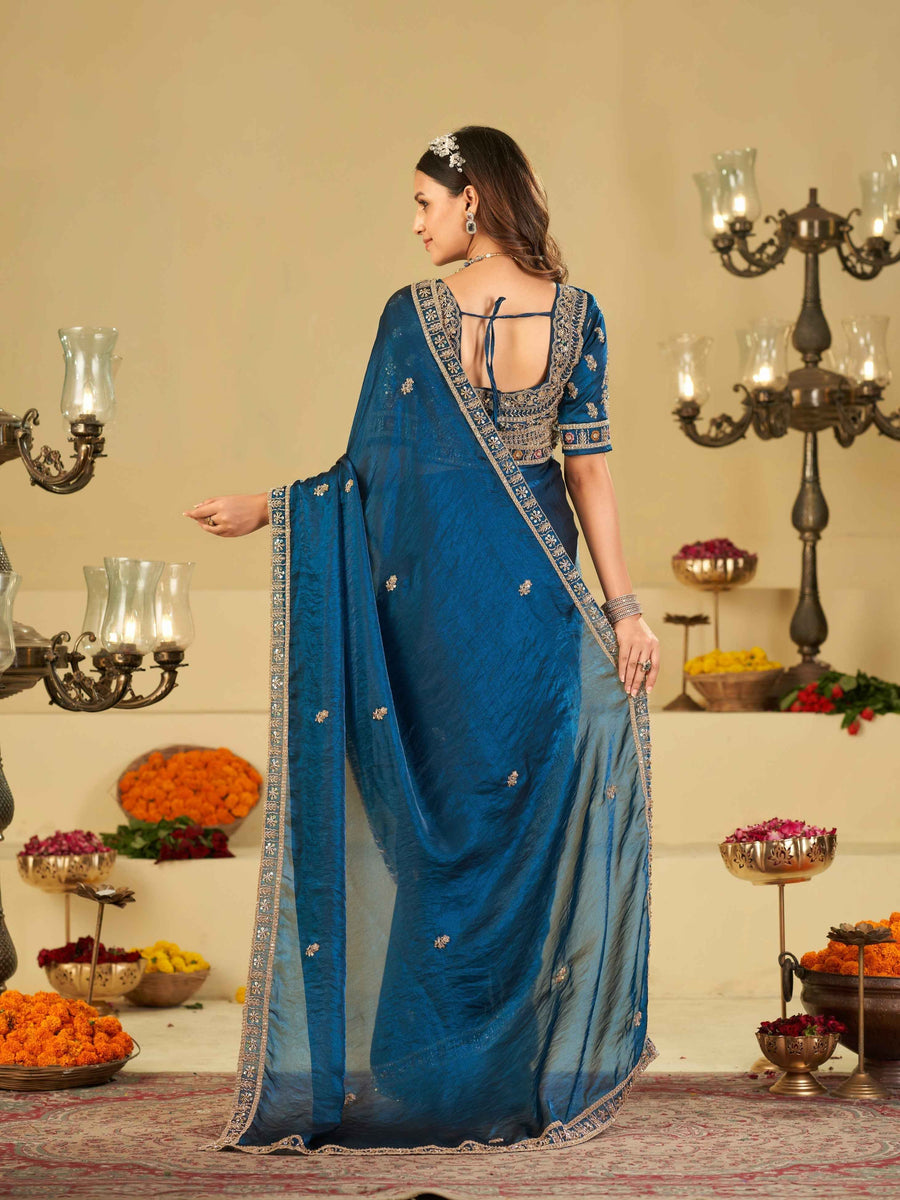 Royal Blue Designer Fendy Satin Saree with Heavy Embroidered Blouse & Zari Border | Premium Wedding & Festive Wear Saree