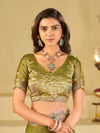 Olive Green Designer Fendy Satin Saree with Multicolor Paisley Embroidery & Scalloped Embroidered Border | Festive Party Wear Saree