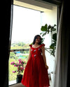 Red Vichitra Silk Handwork Maxi Dress Front View - Shree Roop