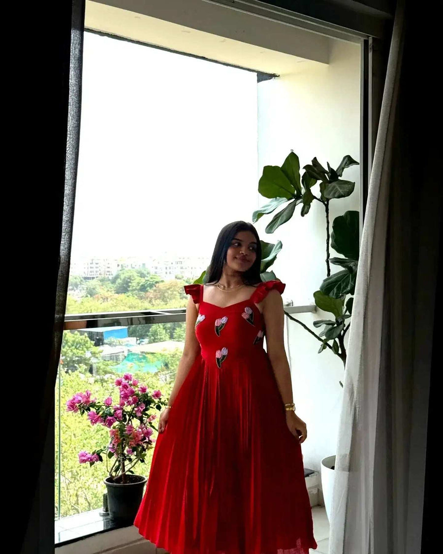 Red Vichitra Silk Handwork Maxi Dress Front View - Shree Roop