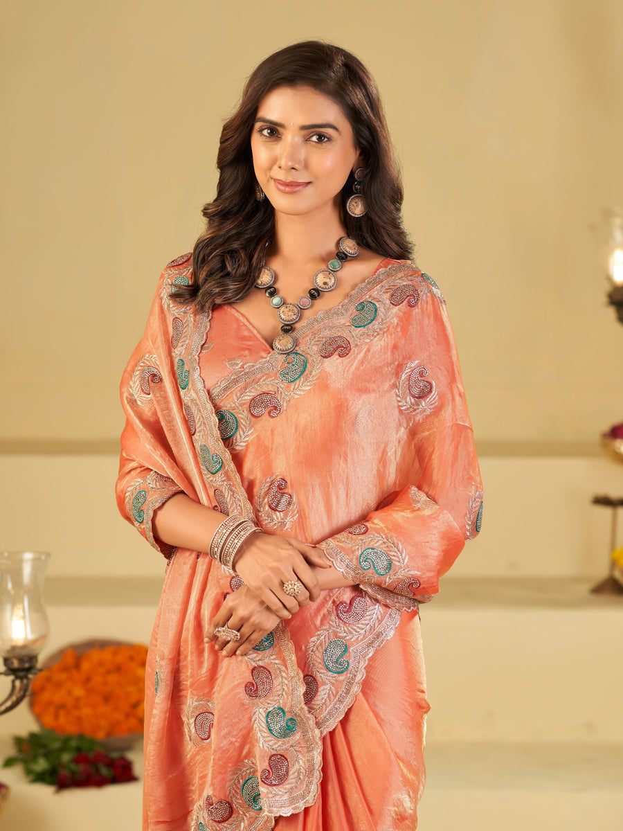 Peach Designer Fendy Satin Saree with Multicolor Paisley Embroidery & Scalloped Embroidered Border | Festive Party Wear Saree