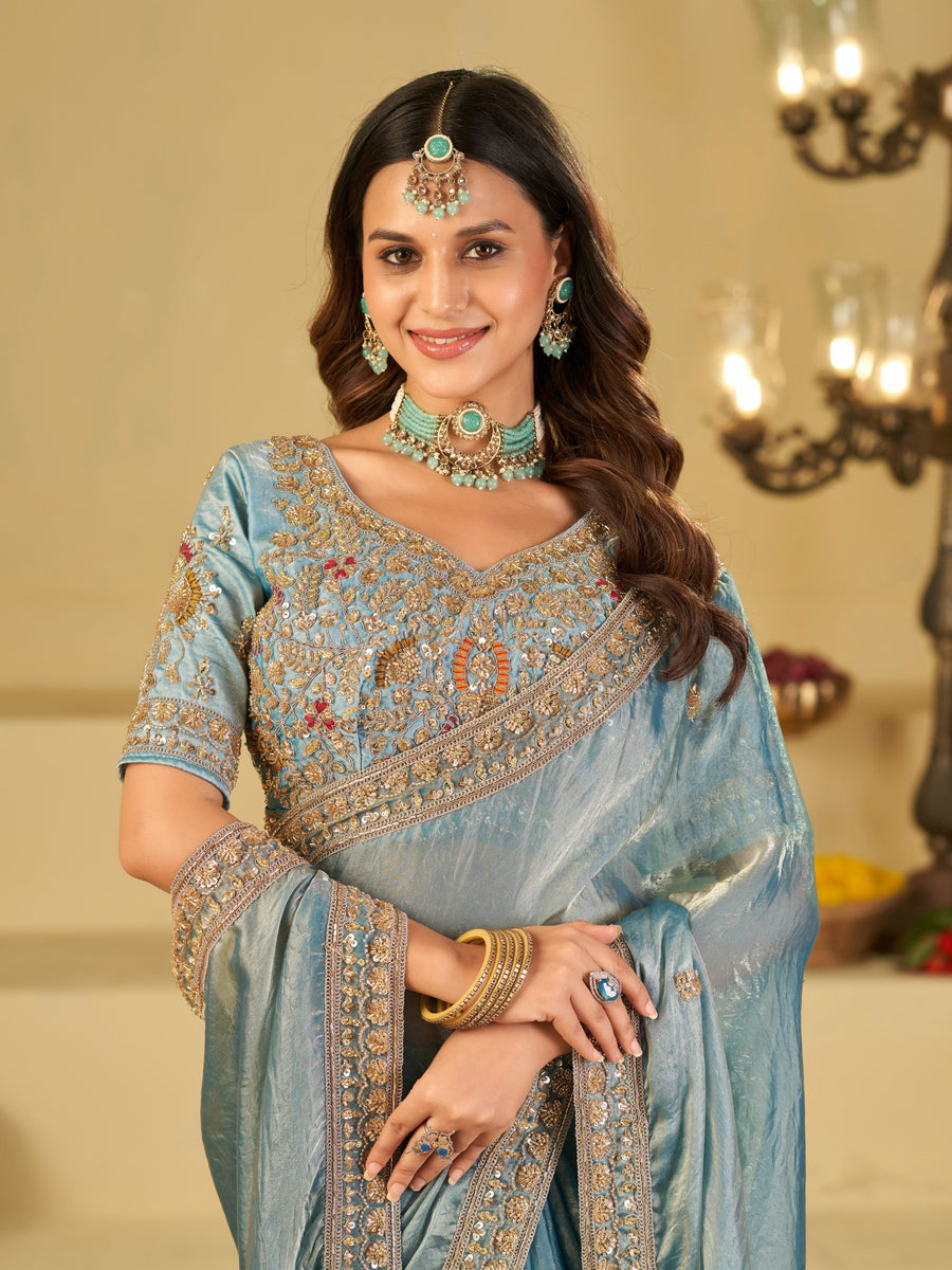 Sky Blue Designer Fendy Satin Saree with Heavy Embroidered Blouse & Stone Work Border | Premium Wedding Party Wear Saree