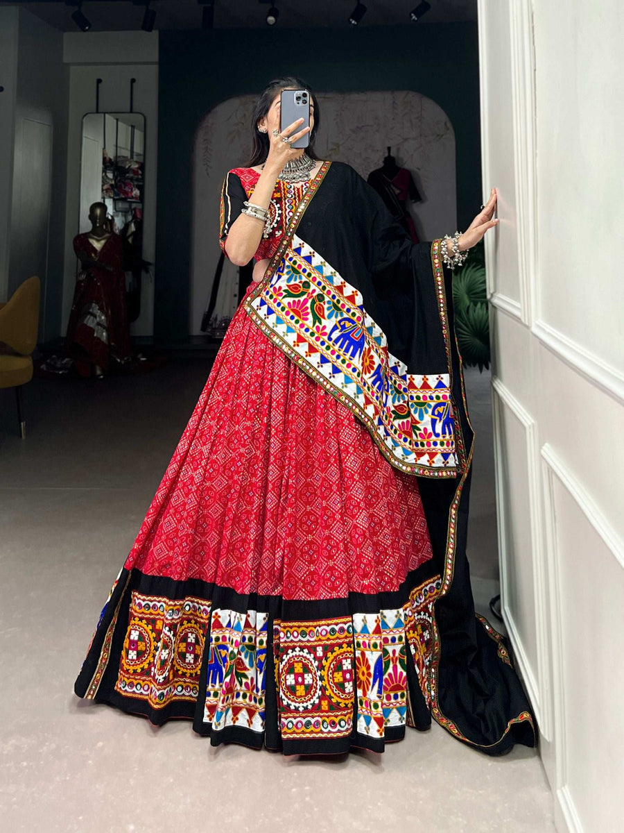 Red LNB Garba Choli Back View with Pure Cotton and Mirror Details - Shree Roop