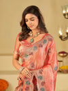 Peach Pink Designer Fendy Satin Saree with Multicolor Paisley Embroidery & Scalloped Embroidered Border | Premium Festive Party Wear Saree