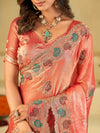 Peach Pink Designer Fendy Satin Saree with Multicolor Paisley Embroidery & Scalloped Embroidered Border | Premium Festive Party Wear Saree