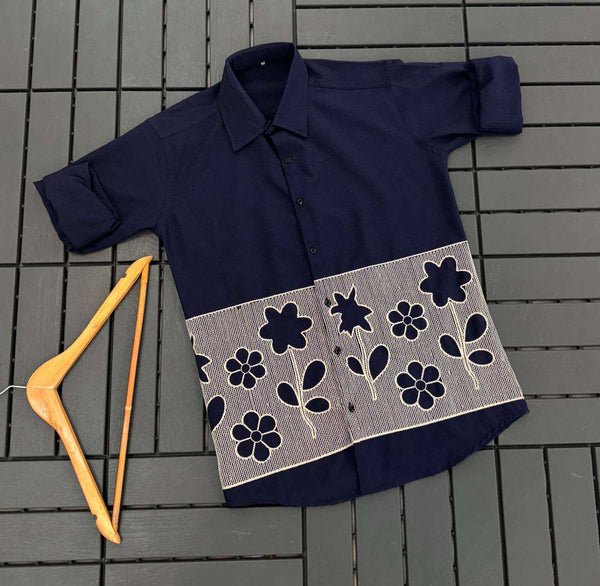 Navy blue Shree Roop men's kurta in dobby cotton fabric with intricate embroidery work front view