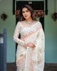 Ivory Pure Cotton Linen Saree | Pastel Floral Design with Blouse & Tassel Detailing