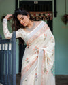 Ivory Pure Cotton Linen Saree | Pastel Floral Design with Blouse & Tassel Detailing