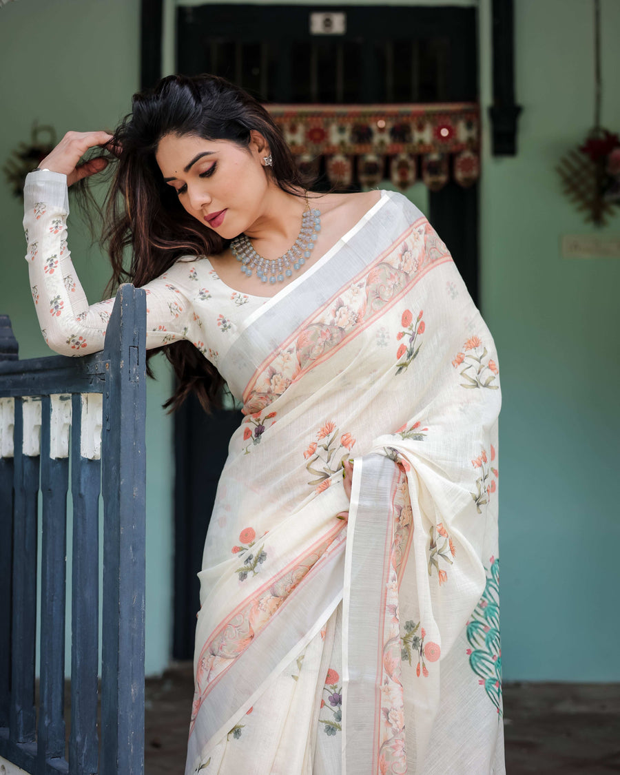 Ivory Pure Cotton Linen Saree | Pastel Floral Design with Blouse & Tassel Detailing